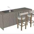 Modern Striped Bar Counter With Sink Faucet And Two Wooden Leg Bar Stools White Cushions
