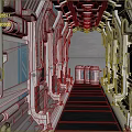 Cartoon Sci Fi Corridor Scene With Metallic Structures Blue Lights Control Panels And Walkway 3d model