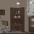 Living Room Corner Featuring Walnut Cabinet White Lamp Green Vase Plates Beige Sofa Rattan Armrest