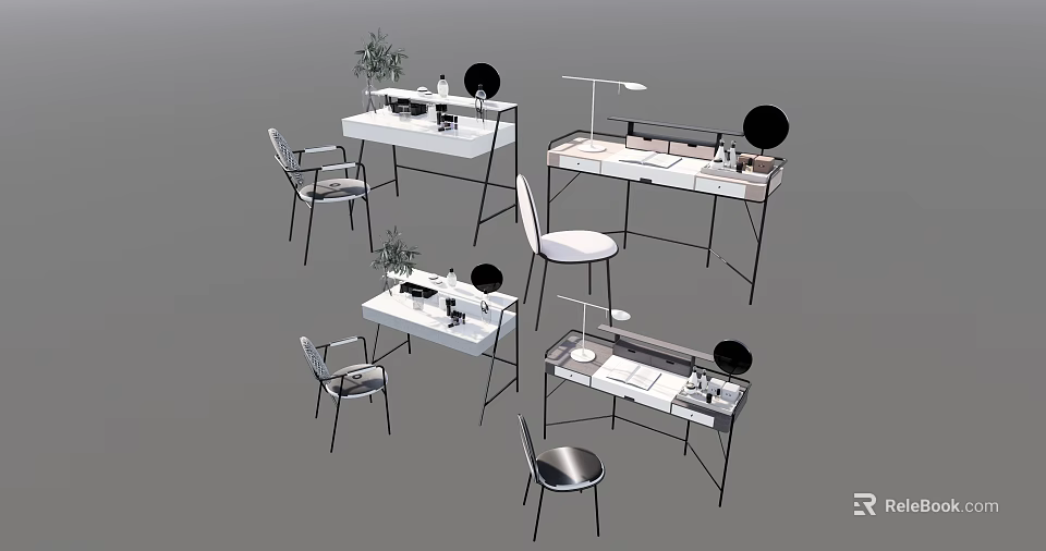 Modern Dressing Tables Interior With Chairs Round Mirrors Plants And Decor Items 3d model