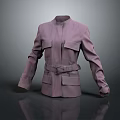 Stylish Purple Jacket With Stand Up Collar Multiple Pockets And Belted Waist