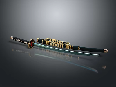 Traditional Japanese Katana Sword with Black Handle Golden Decorations and Silver Blade 3d model