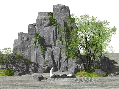 Decorative Garden Ornament With Grey Rock Stacked Rockery Green Vines Trees And White Stone Geese 3d model