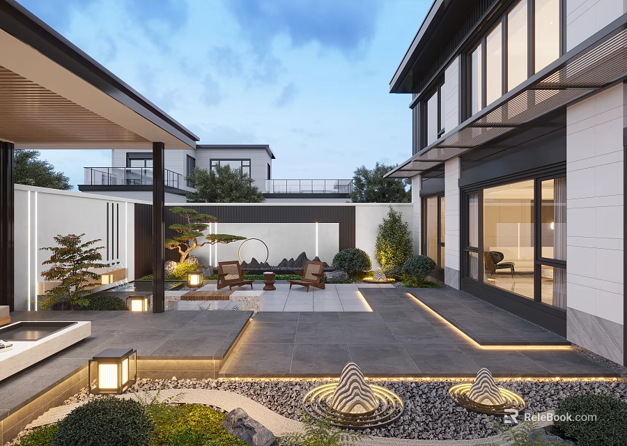 Modern Courtyard Garden Landscape With Water Features Stone Lanterns And Greenery Design 3d model 