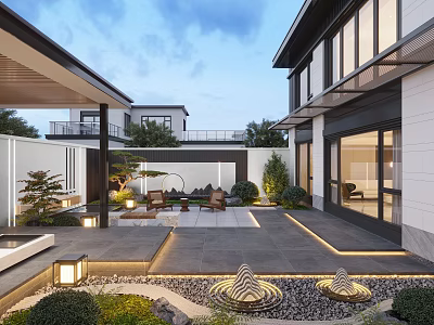 Modern Courtyard Garden Landscape With Water Features Stone Lanterns And Greenery Design 3d model
