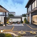 Modern Courtyard Garden Landscape With Water Features Stone Lanterns And Greenery Design