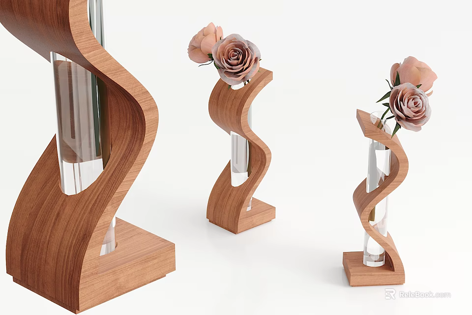 Decorative Wooden Spiral Design Vases With Pink Roses For Home Decoration 3d model 