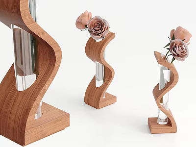 Decorative Wooden Spiral Design Vases With Pink Roses For Home Decoration 3d model