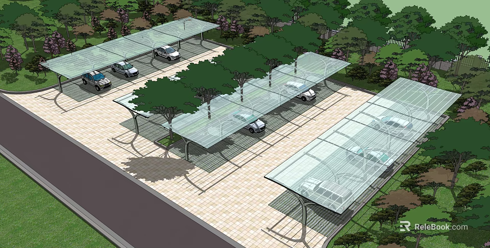 Parking Lot Design With Covered Canopies Trees And Paved Ground 3d model 