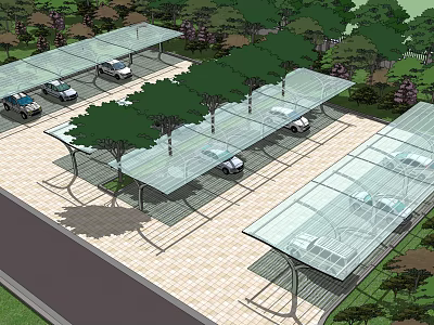 Parking Lot Design With Covered Canopies Trees And Paved Ground 3d model