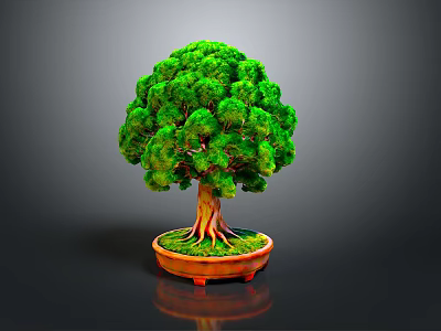 Lush Green Bonsai Tree with Dense Canopy Brown Trunk and Exposed Roots in Orange Pot 3d model