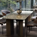 Modern Luxury Dining Table Set With Marble Top Leather Seats Wooden Legs And Natural Background