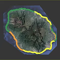 Detailed Mountainous Terrain Model With Green Vegetation And Blue Water Areas