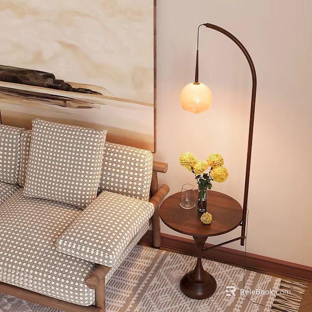 Stylish Floor Lamp with Yellow Flowers on Small Table Near Patterned Sofa and Pillows 3d model 