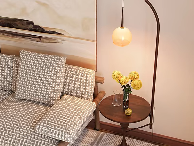 Stylish Floor Lamp with Yellow Flowers on Small Table Near Patterned Sofa and Pillows 3d model