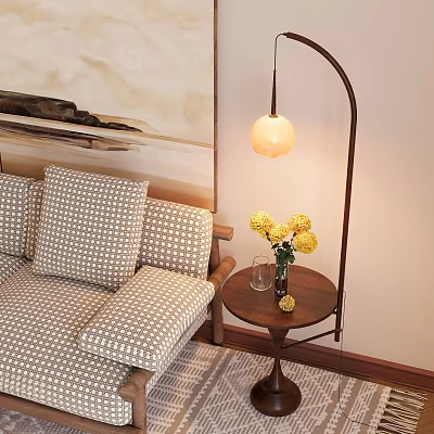 Stylish Floor Lamp with Yellow Flowers on Small Table Near Patterned Sofa and Pillows 3d model