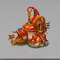 Fairy Tale Mushroom Building with Vibrant Red Roof Small Windows Wooden Door and Decorative Lanterns
