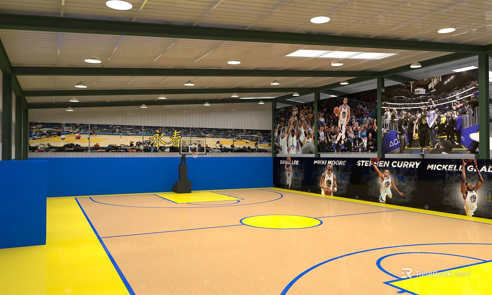 Spacious Basketball Gymnasium With Yellow Brown Court Floor Blue Lines Hoop And Athlete Posters 3d model 
