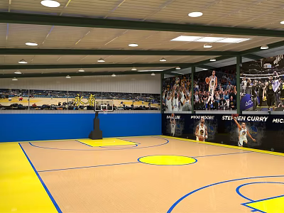 Spacious Basketball Gymnasium With Yellow Brown Court Floor Blue Lines Hoop And Athlete Posters 3d model