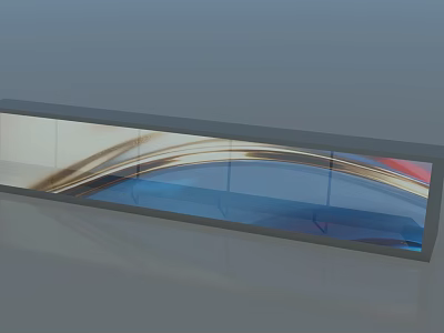 Modern Art Installation With Transparent Structure Curved Wave Elements In Blue Gold Red Hues 3d model