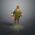 3D Game Movie Character in Green Outfit With Metal Shoulder Armor Sunglasses and Brown Hair