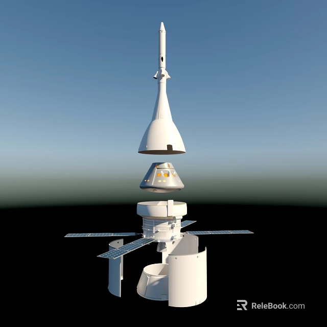 Spacecraft Structure With Conical Capsule Crew Module And Solar Panels For Space Mission 3d model 
