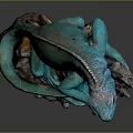 Green Lizard Detailed Sculpture Perched on Textured Tree Stump Against Dark Background