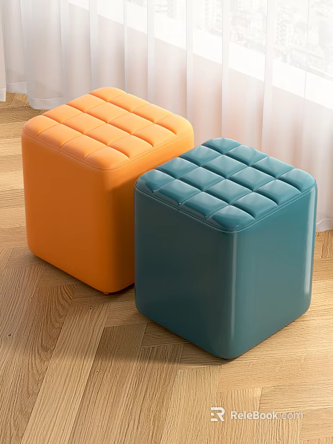 Orange And Teal Square Sofa Stools With Tufted Design On Wooden Floor 3d model 