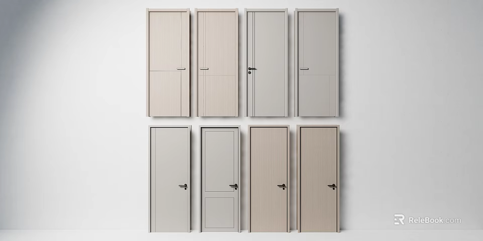 Modern Flush Swing Doors With Neutral Color Tones And Wood Grain Designs 3d model 