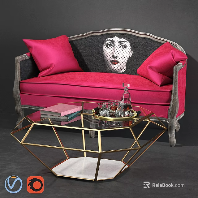 Pink Sofa With Pink Cushions Face Patterned Decor And Gold Geometric Frame Glass Coffee Table 3d model 
