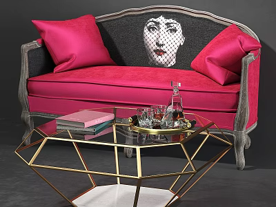 Pink Sofa With Pink Cushions Face Patterned Decor And Gold Geometric Frame Glass Coffee Table 3d model