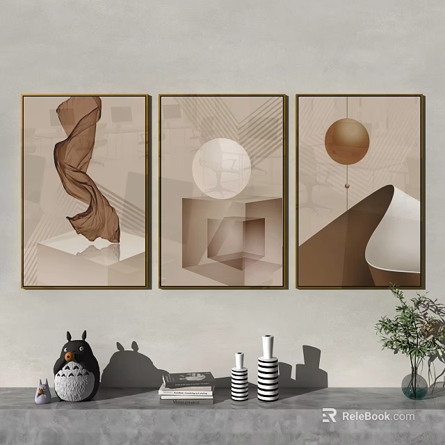Three Panel Gold Framed Abstract Wall Art With Geometric Shapes And Sphere 3d model