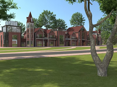 European-style Architecture With Red Roofs Multi-story Buildings Tower Green Lawns And Trees 3d model