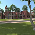 European-style Architecture With Red Roofs Multi-story Buildings Tower Green Lawns And Trees
