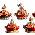 Ornate Crown Pendants With Red Base Gold Decorations Blue Gemstones And Feathers