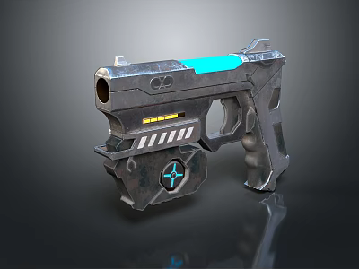 Futuristic 3D Rendered Metallic Pistol With Blue Accents And Glowing Elements 3d model
