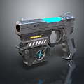 Futuristic 3D Rendered Metallic Pistol With Blue Accents And Glowing Elements