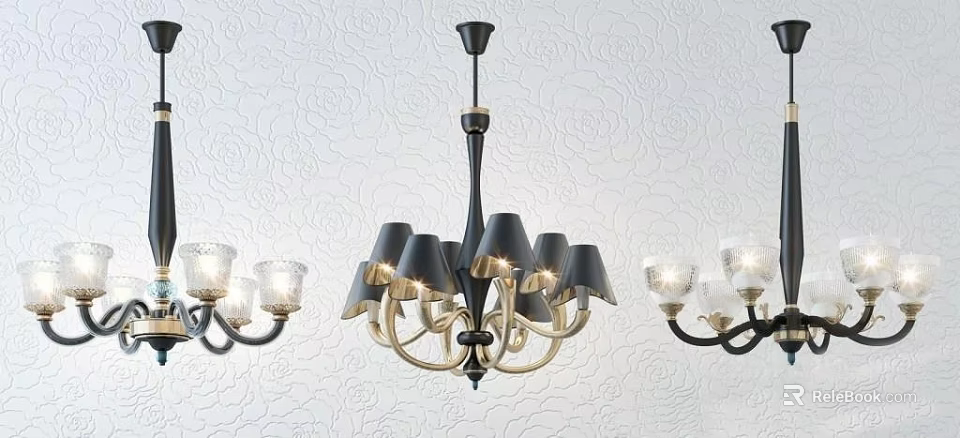 Modern Black And Gold Chandelier With Multiple Shades Hanging Against Textured Wall 3d model 