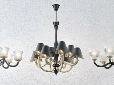Modern Black And Gold Chandelier With Multiple Shades Hanging Against Textured Wall 3d model