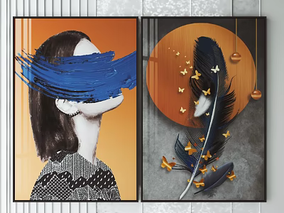 Abstract Decorative Paintings Featuring Woman Profile Blue Brushstroke Black Feather Golden Butterflies And Circular Decorations 3d model
