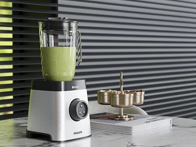 Philips White Blender with Green Liquid on Gray Countertop Featuring Gold Candle Holder White Book 3d model