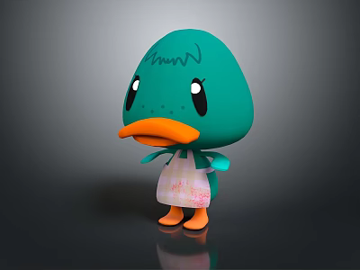 Cute Teal Cartoon Duck Character Wearing Pink Floral Apron With Orange Beak And Feet 3d model