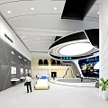 Modern Hi tech Exhibition Hall with Circular Design and Large Screens Featuring Two People