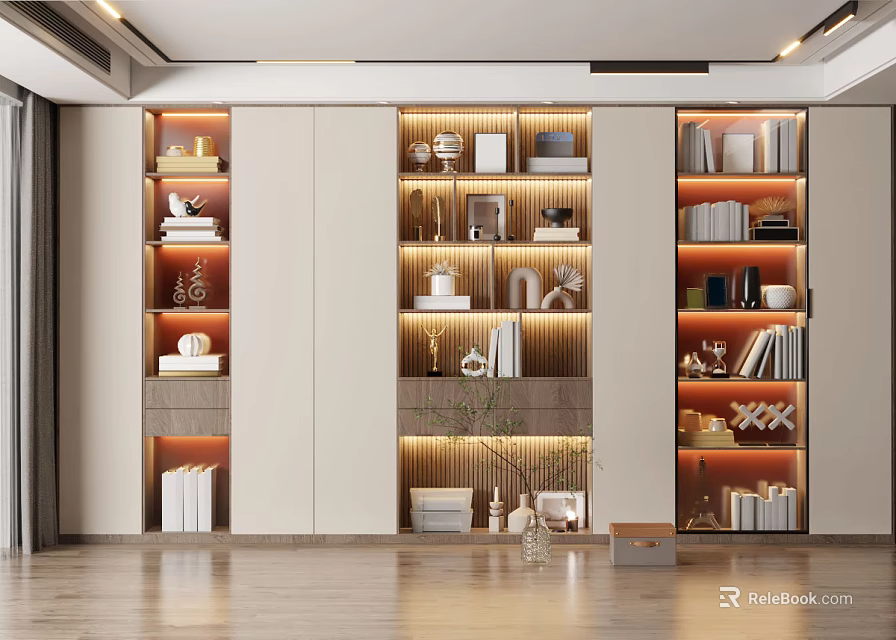 Modern Bookcase Design With Layered Shelves Books Decorative Items And Ambient Lighting 3d model 