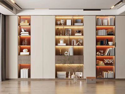 Modern Bookcase Design With Layered Shelves Books Decorative Items And Ambient Lighting 3d model