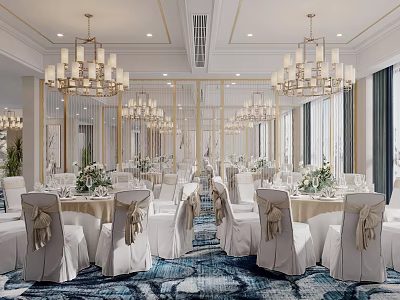Luxurious Banquet Hall Interior With Crystal Chandeliers White Tables Flower Arrangements And Blue Carpet 3d model