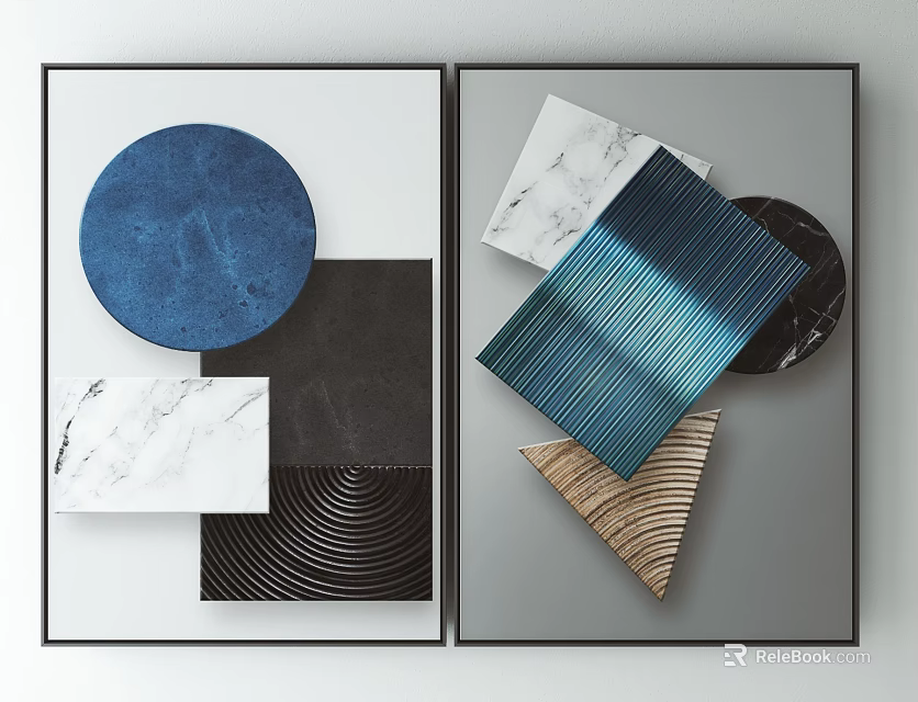 Geometric Wall Art Decor With Blue Circle Black Square Marble And Wood Elements 3d model