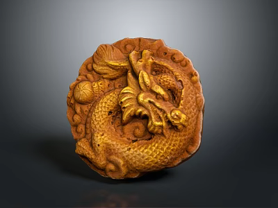 Traditional Round Carved Dragon Ornament With Brownish Yellow Hue And Intricate Scales 3d model