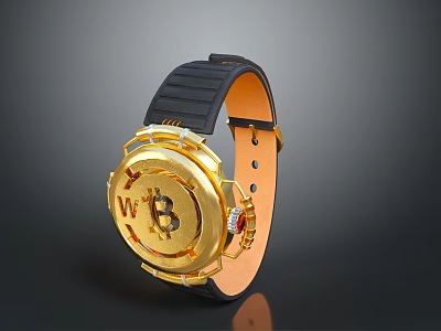 Golden Luxury Watch With Bitcoin Symbol And Black Orange Strap Design 3d model