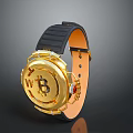 Golden Luxury Watch With Bitcoin Symbol And Black Orange Strap Design